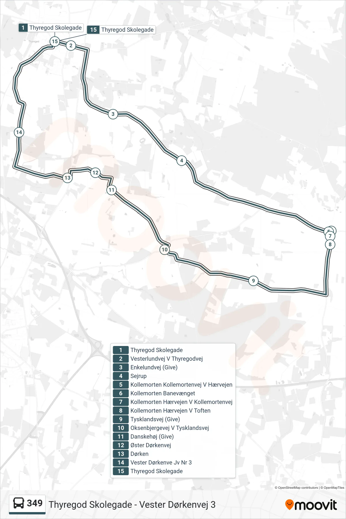 349 bus Line (Thyregod Skolegade) route and stops on a map
