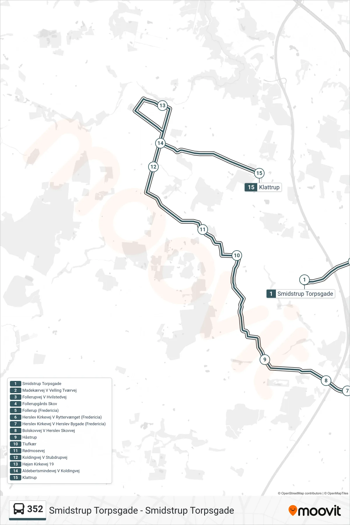 352 bus Linje (Klattrup) rute og stop på et kort