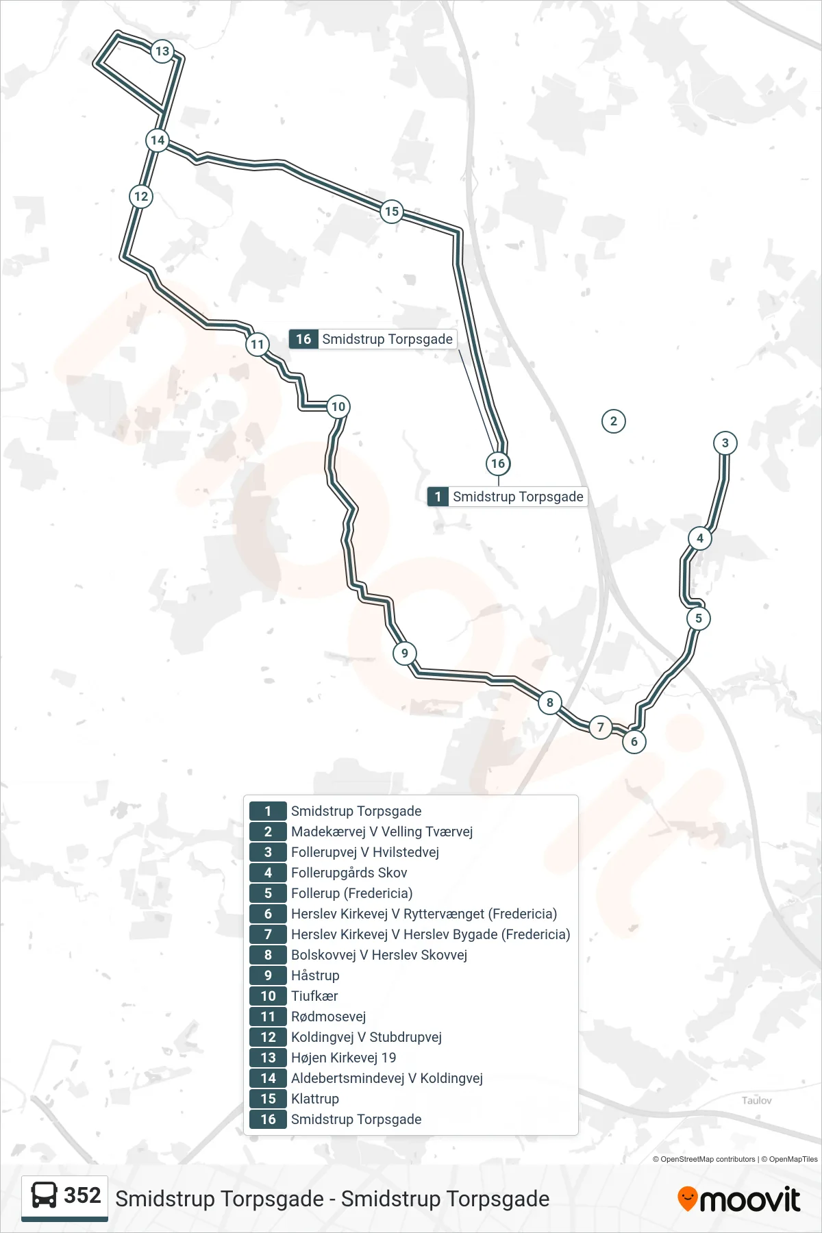 352 bus Line (Smidstrup Torpsgade) route and stops on a map
