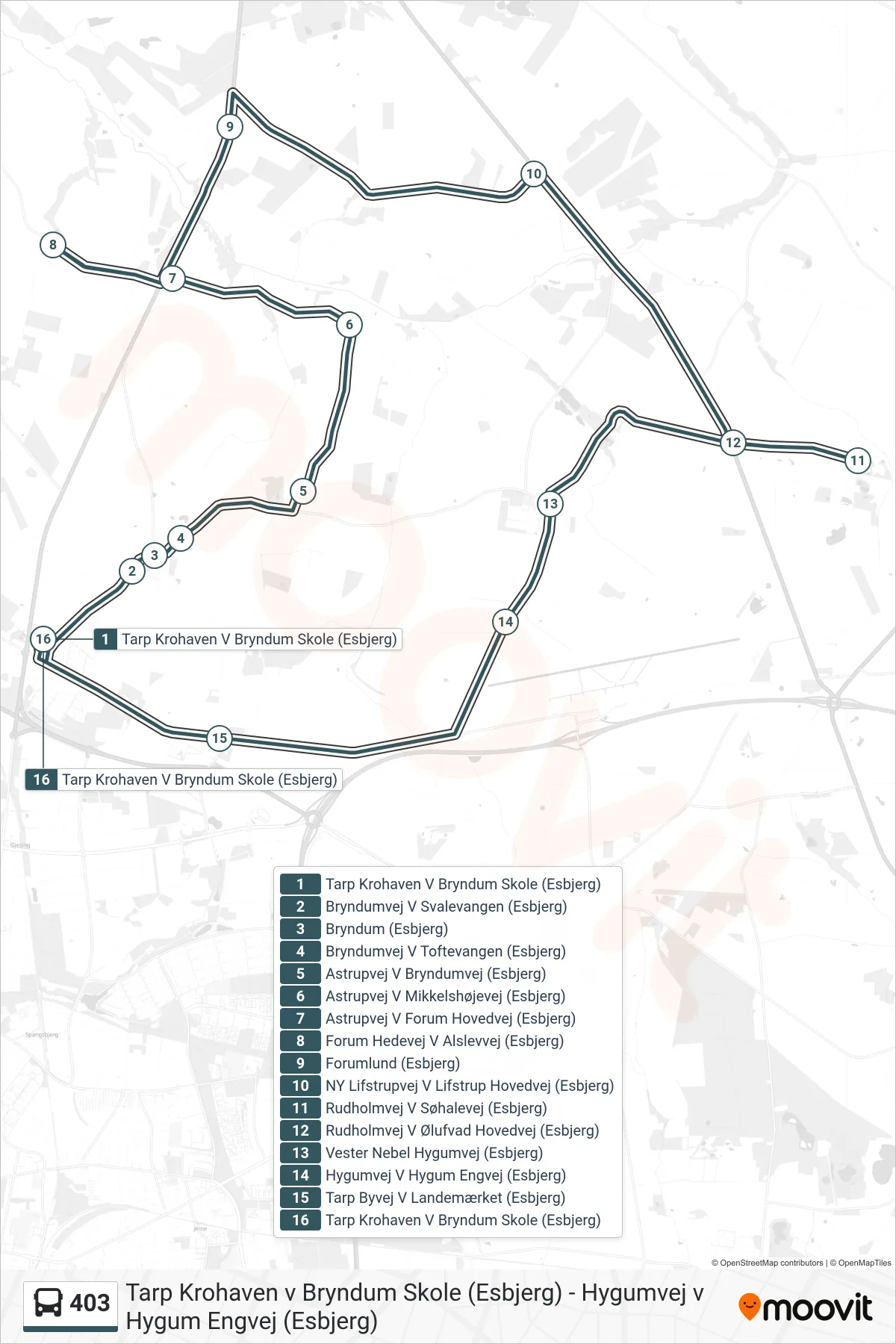 403 bus Linje (Tarp Krohaven V Bryndum Skole (Esbjerg)) rute og stop på et kort