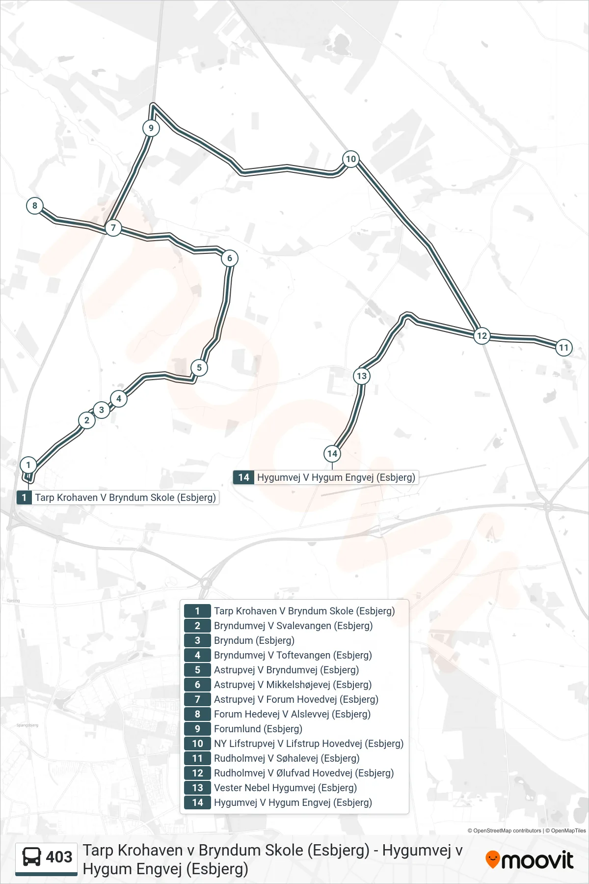 403 bus Linje (Hygumvej V Hygum Engvej (Esbjerg)) rute og stop på et kort