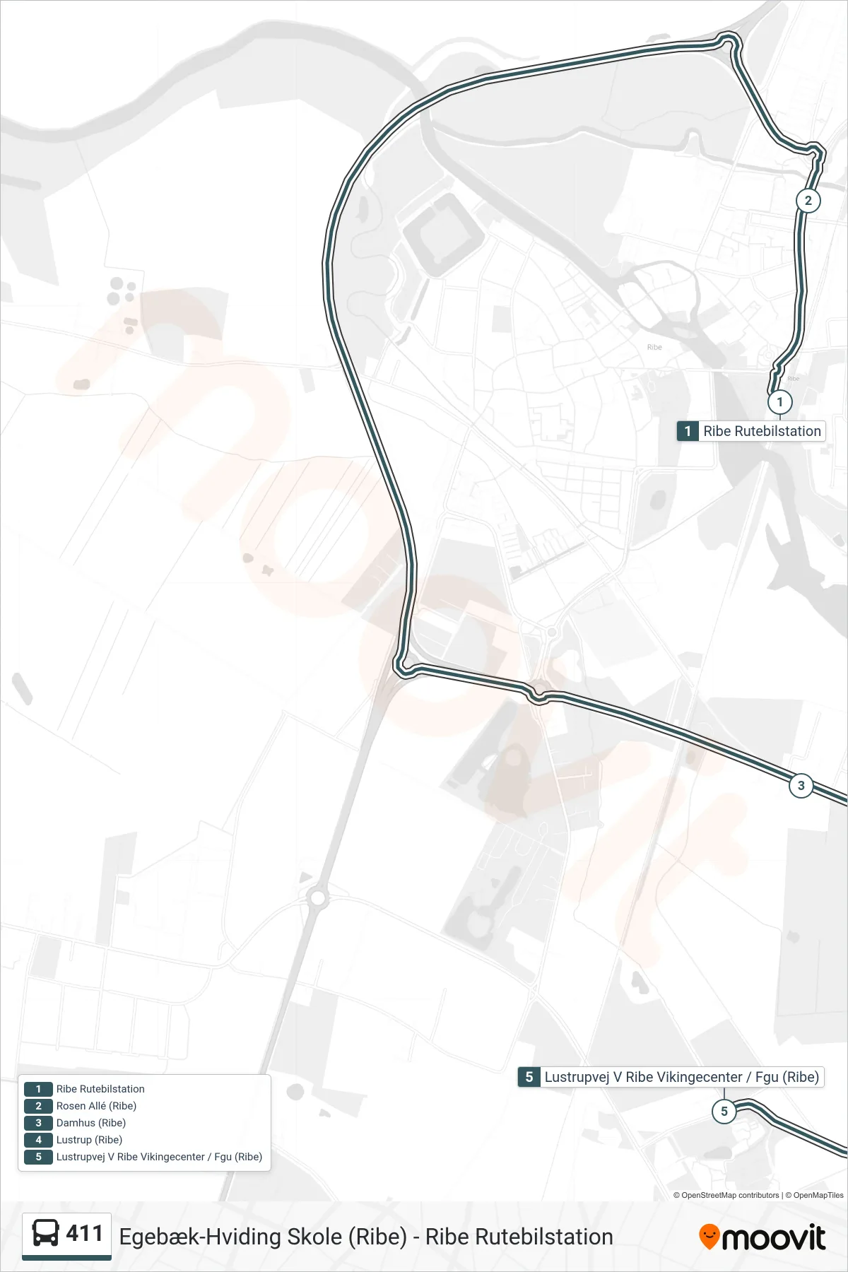 411 bus Linje (Lustrupvej V Ribe Vikingecenter / Fgu (Ribe)) rute og stop på et kort