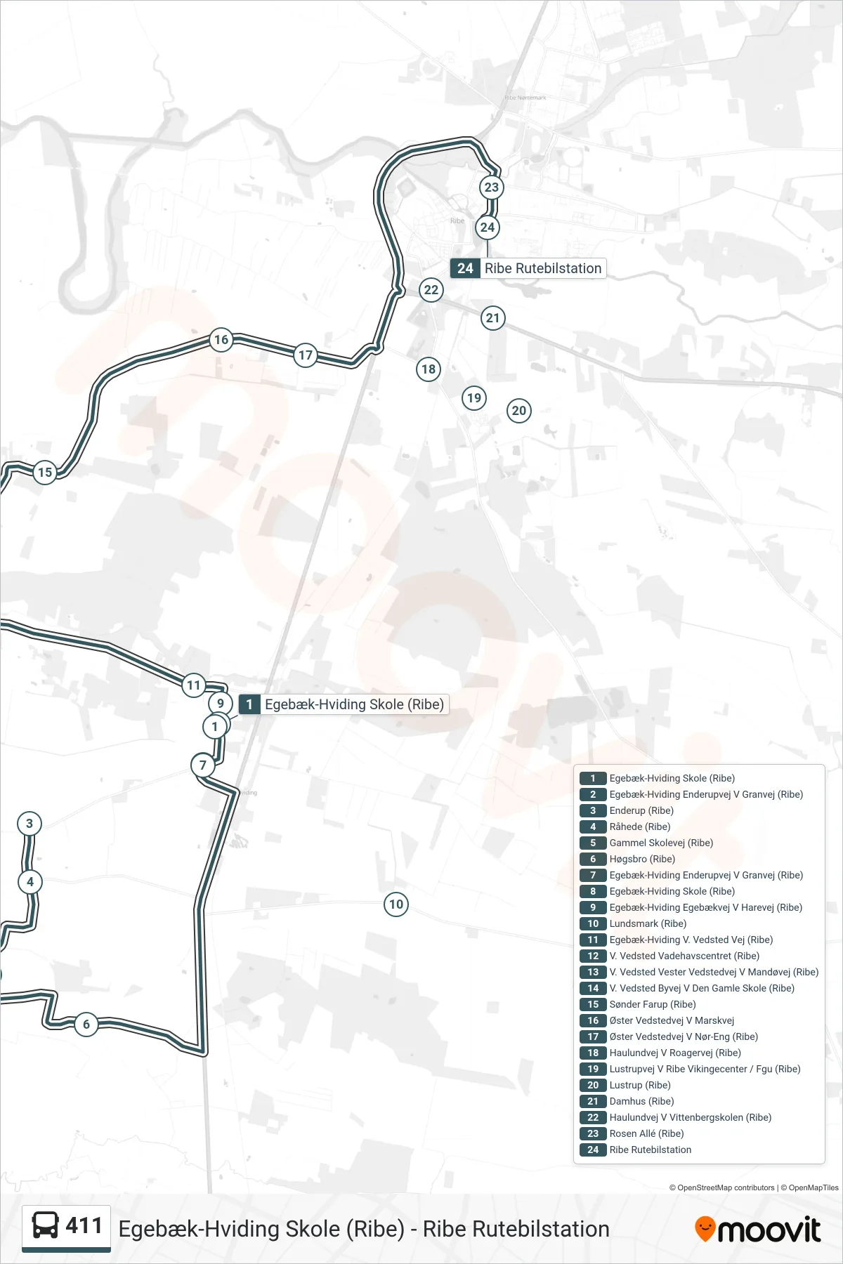411 bus Line (Ribe Rutebilstation) route and stops on a map