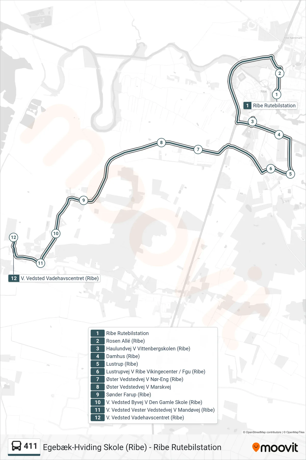 411 bus Line (V. Vedsted Vadehavscentret (Ribe)) route and stops on a map