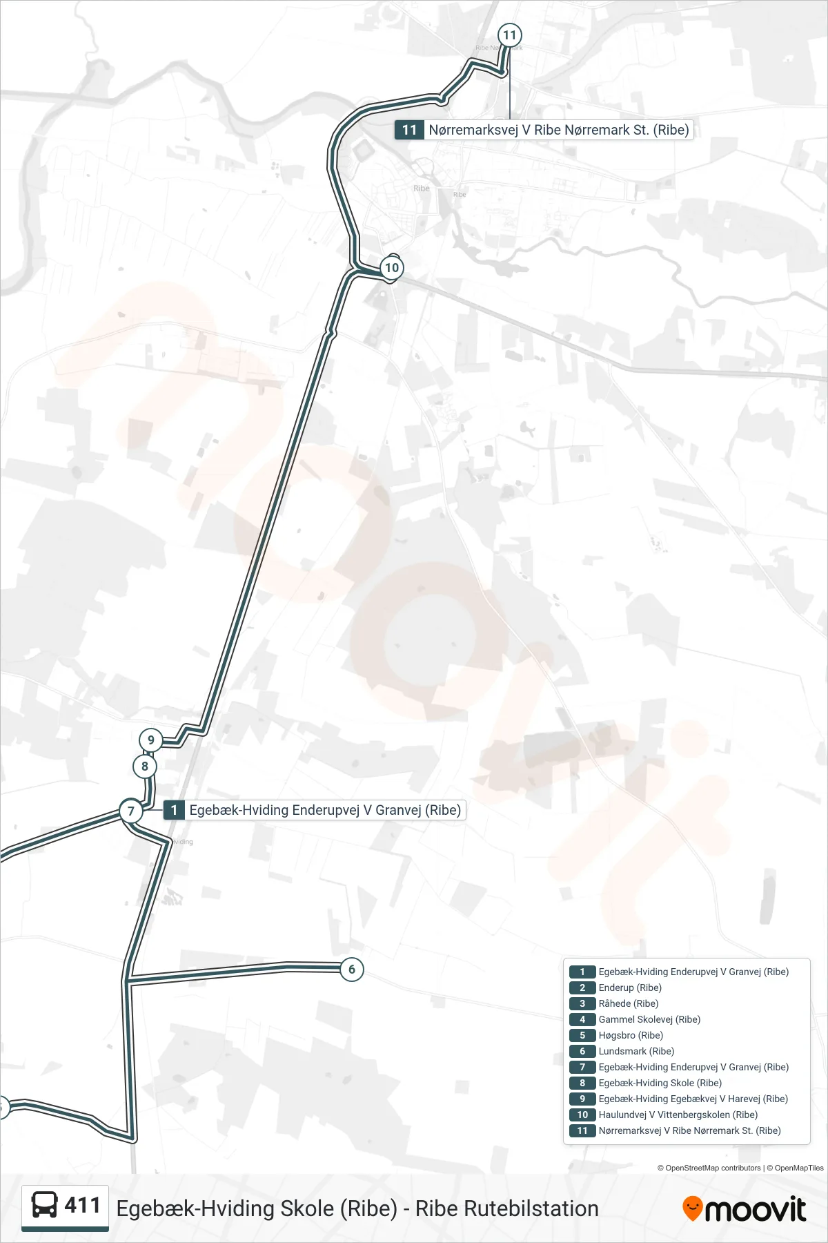 411 bus Linje (Nørremarksvej V Ribe Nørremark St. (Ribe)) rute og stop på et kort