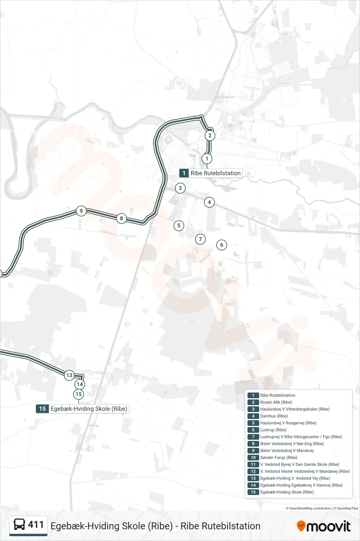 411 bus Linje (Egebæk-Hviding Skole (Ribe)) rute og stop på et kort