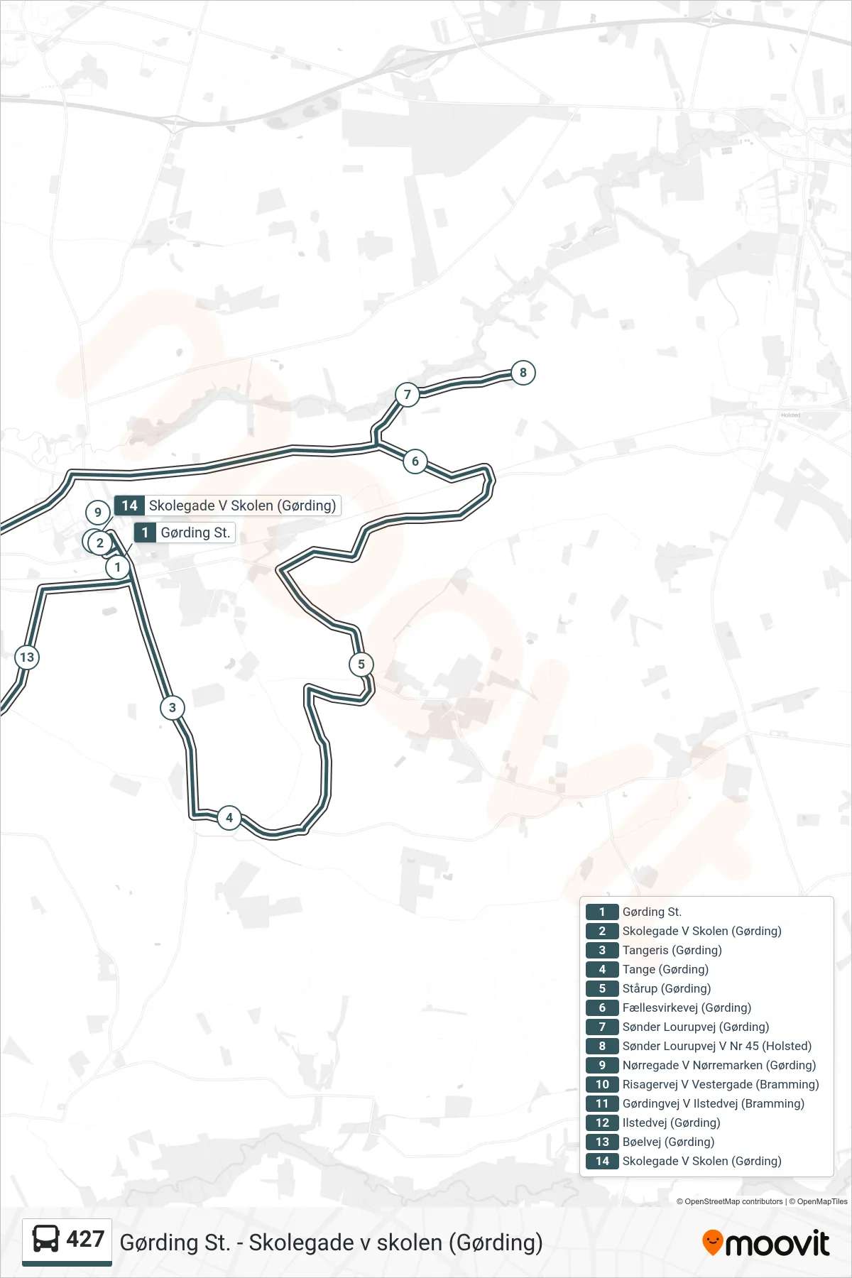 427 bus Linje (Skolegade V Skolen (Gørding)) rute og stop på et kort