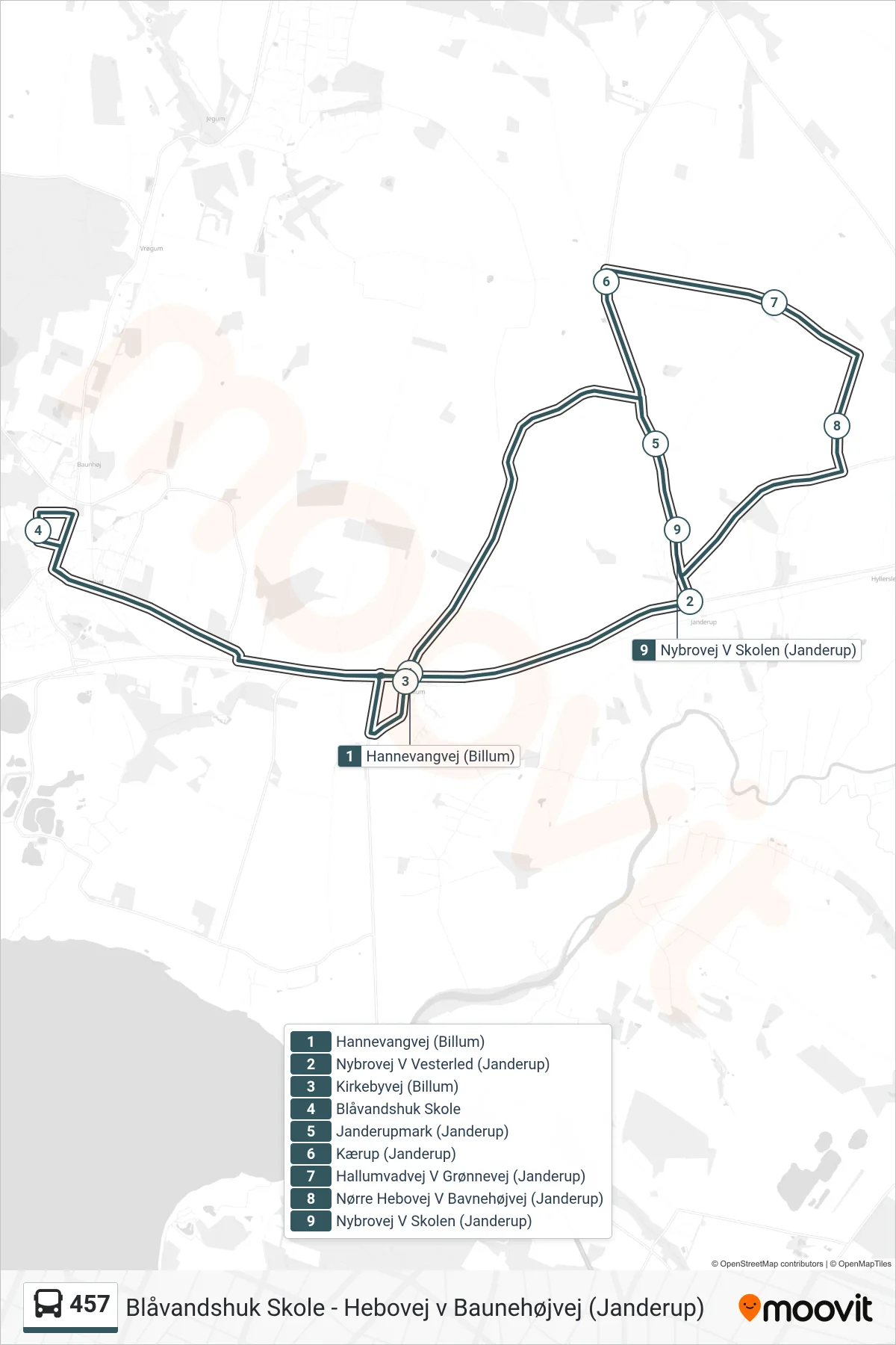 457 bus Linje (Nybrovej V Skolen (Janderup)) rute og stop på et kort