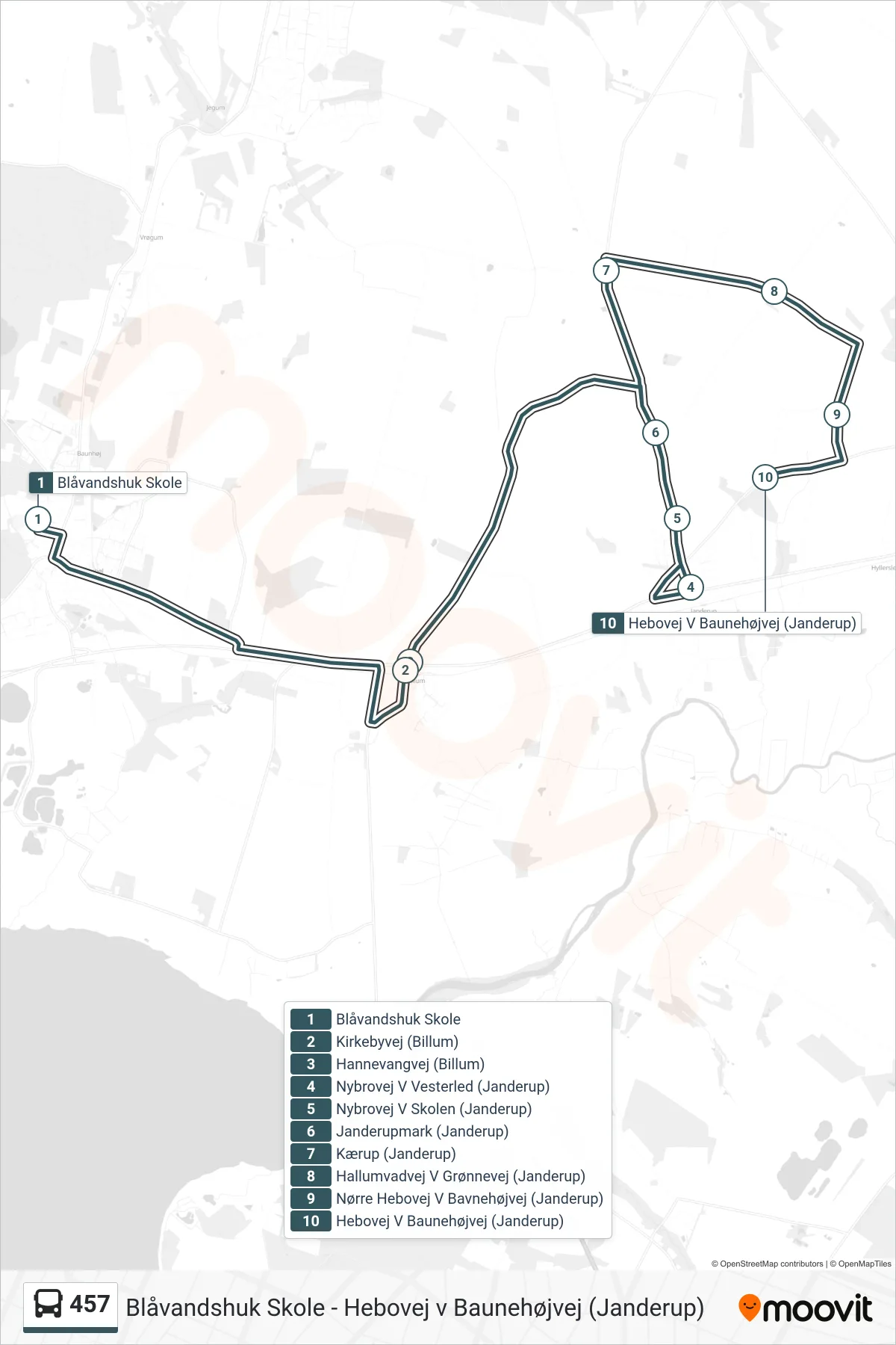 457 bus Linje (Hebovej V Baunehøjvej (Janderup)) rute og stop på et kort