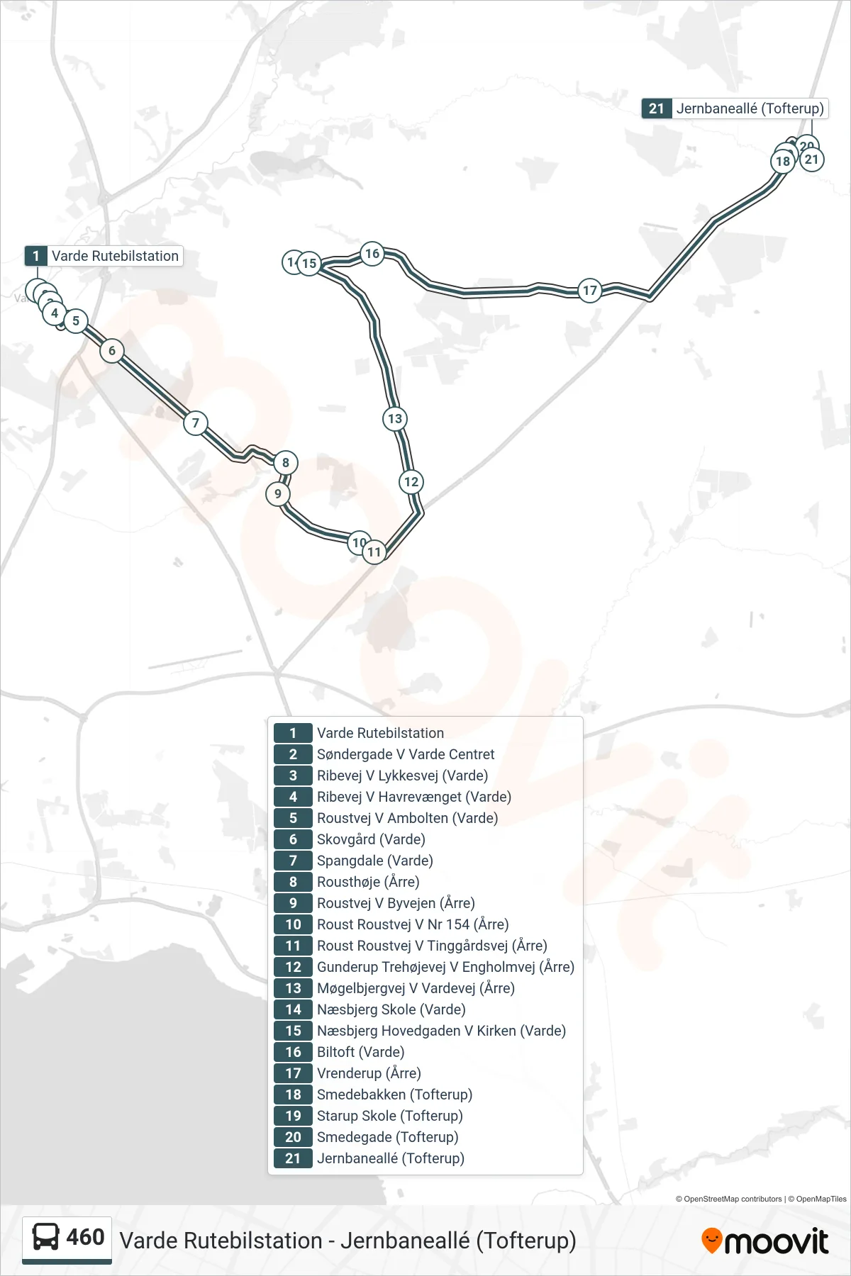 460 bus Linje (Jernbaneallé (Tofterup)) rute og stop på et kort