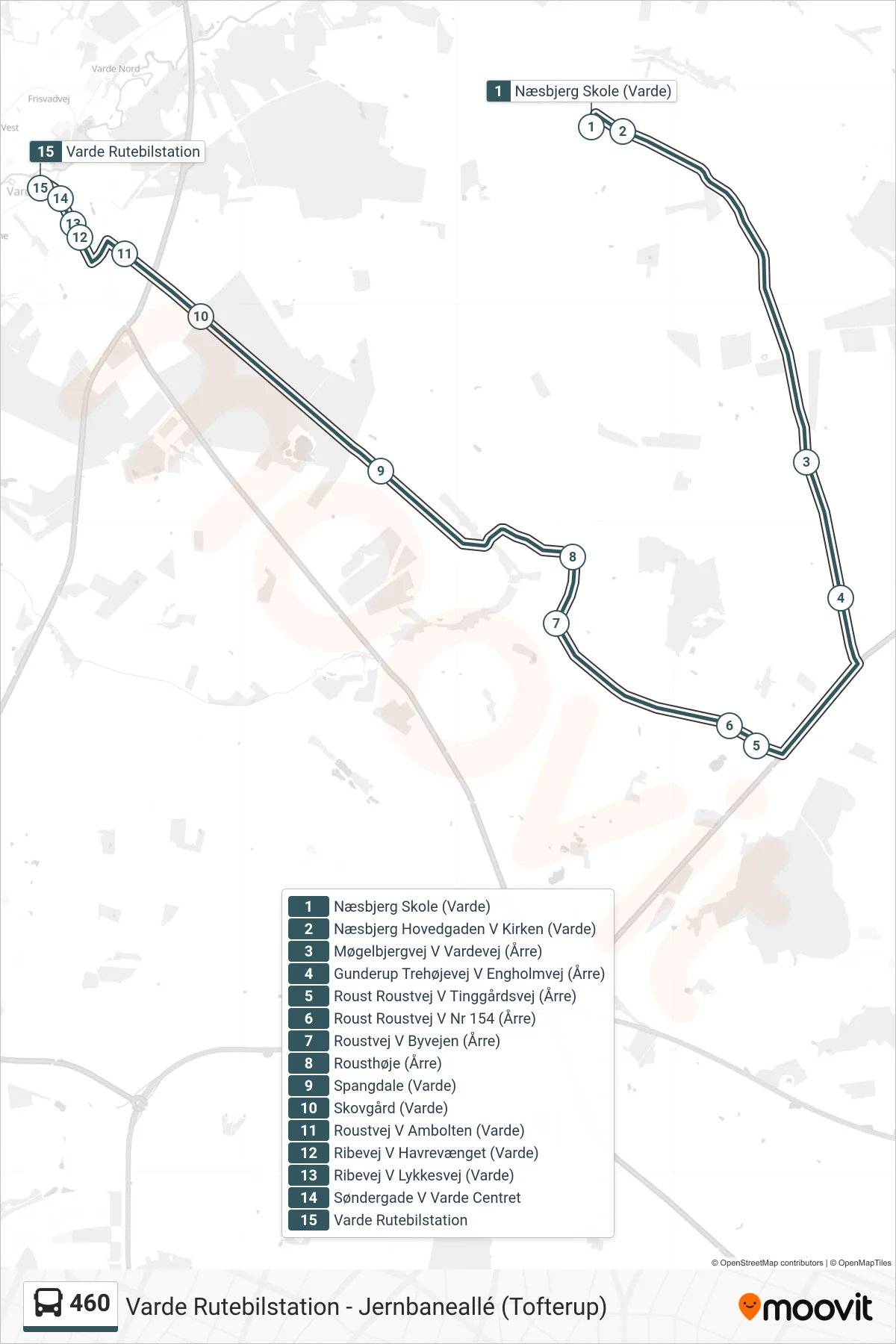 460 bus Linje (Varde Rutebilstation) rute og stop på et kort