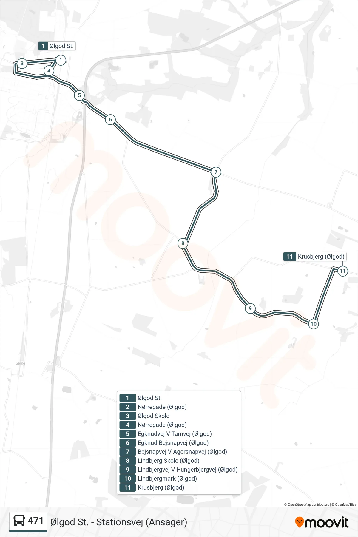 471 bus Linje (Krusbjerg (Ølgod)) rute og stop på et kort