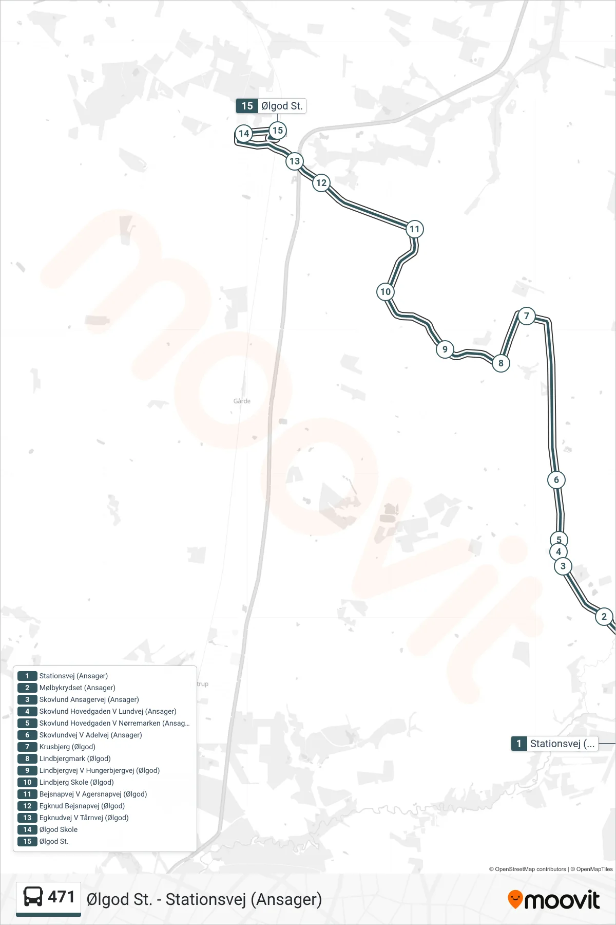 471 bus Linje (Ølgod St. (Bus)) rute og stop på et kort