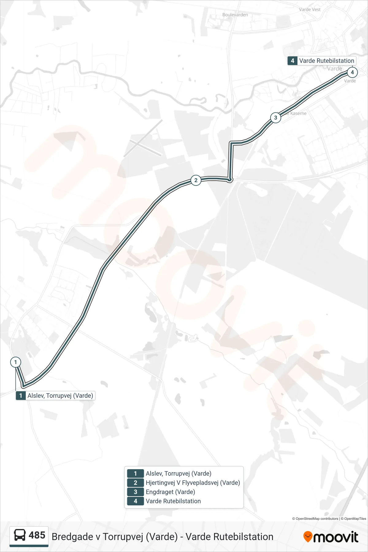 485 bus Linje (Esbjerg) rute og stop på et kort