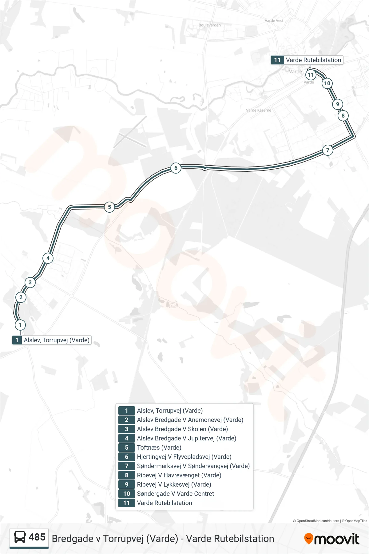 485 bus Linje (Varde) rute og stop på et kort