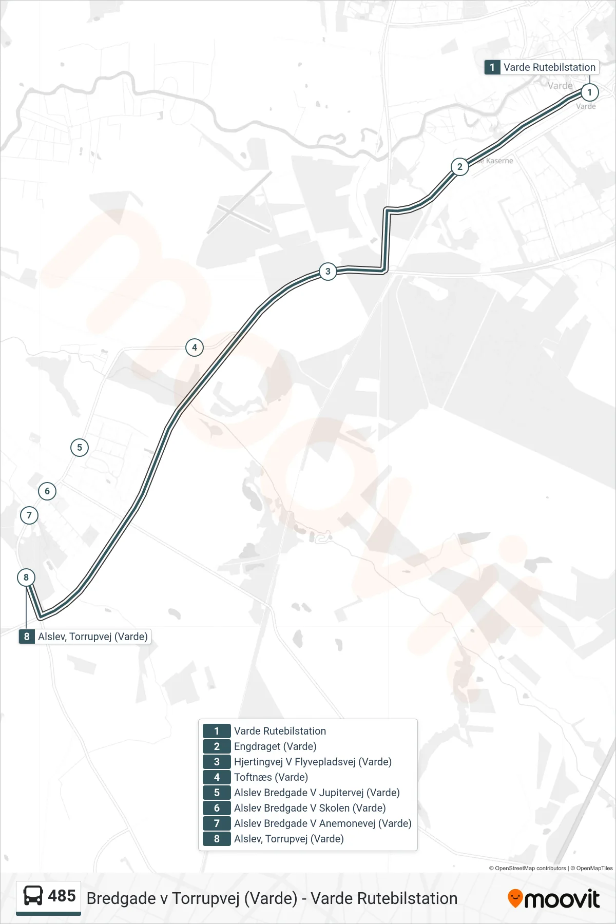 485 bus Linje (Alslev) rute og stop på et kort