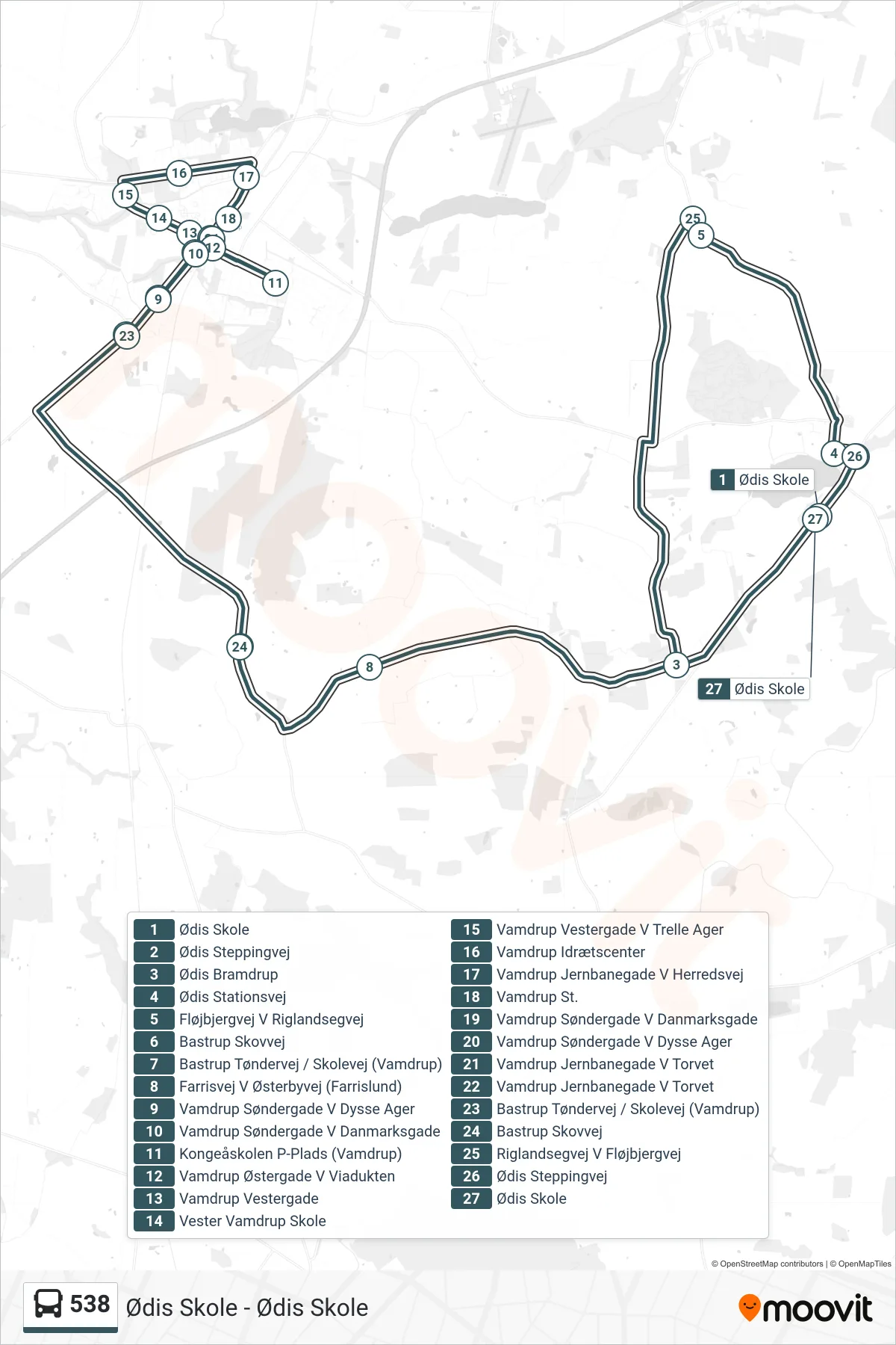 538 bus Linje (Ødis Skole) rute og stop på et kort