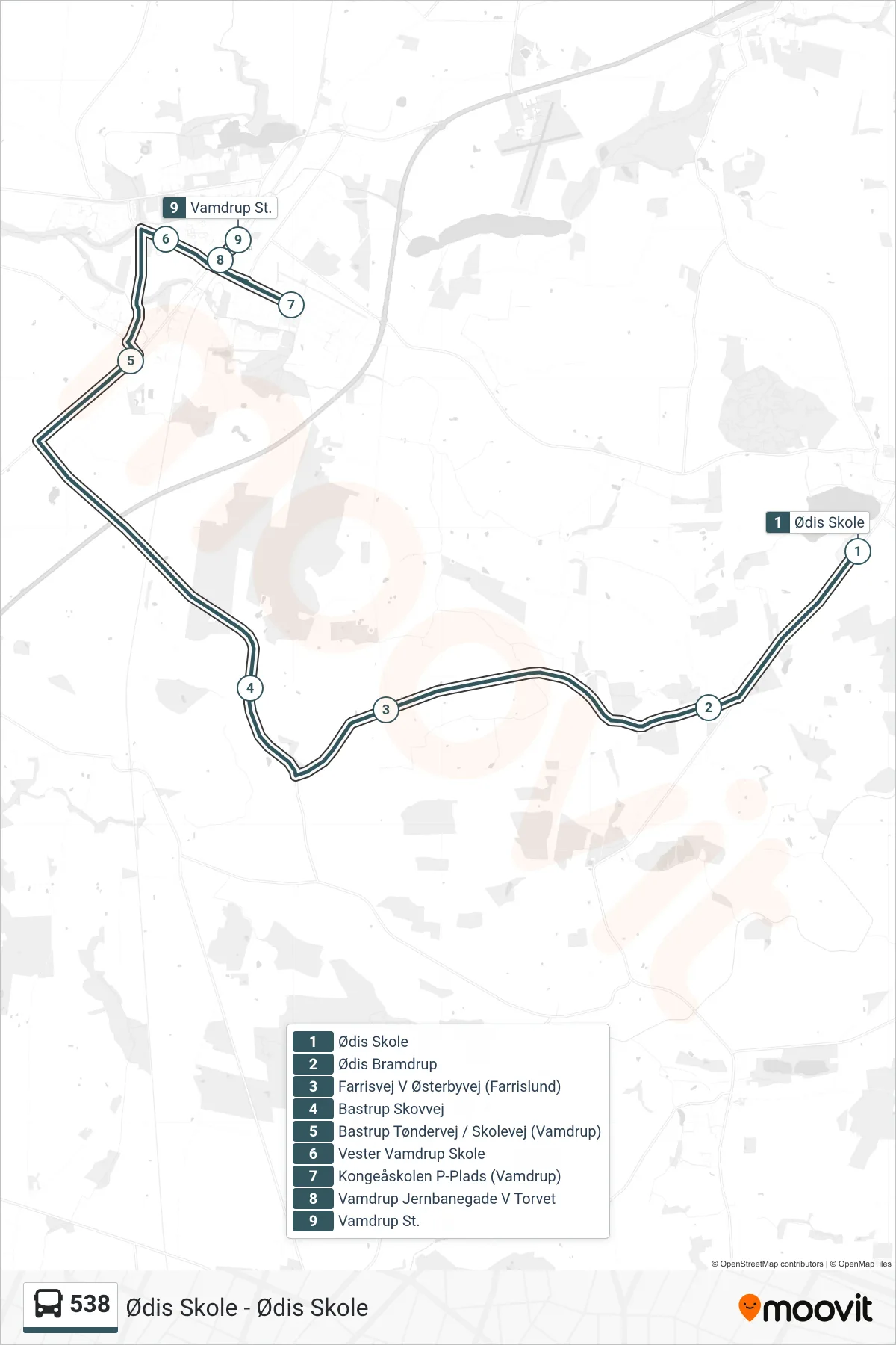 538 bus Linje (Vamdrup - Lunderskov) rute og stop på et kort