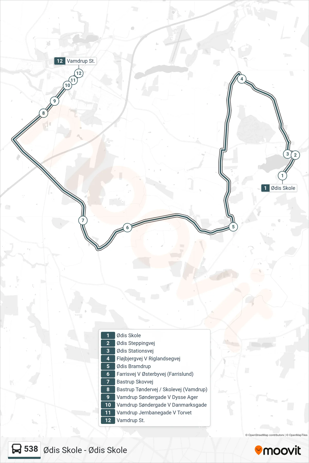 538 bus Linje (Vamdrup) rute og stop på et kort