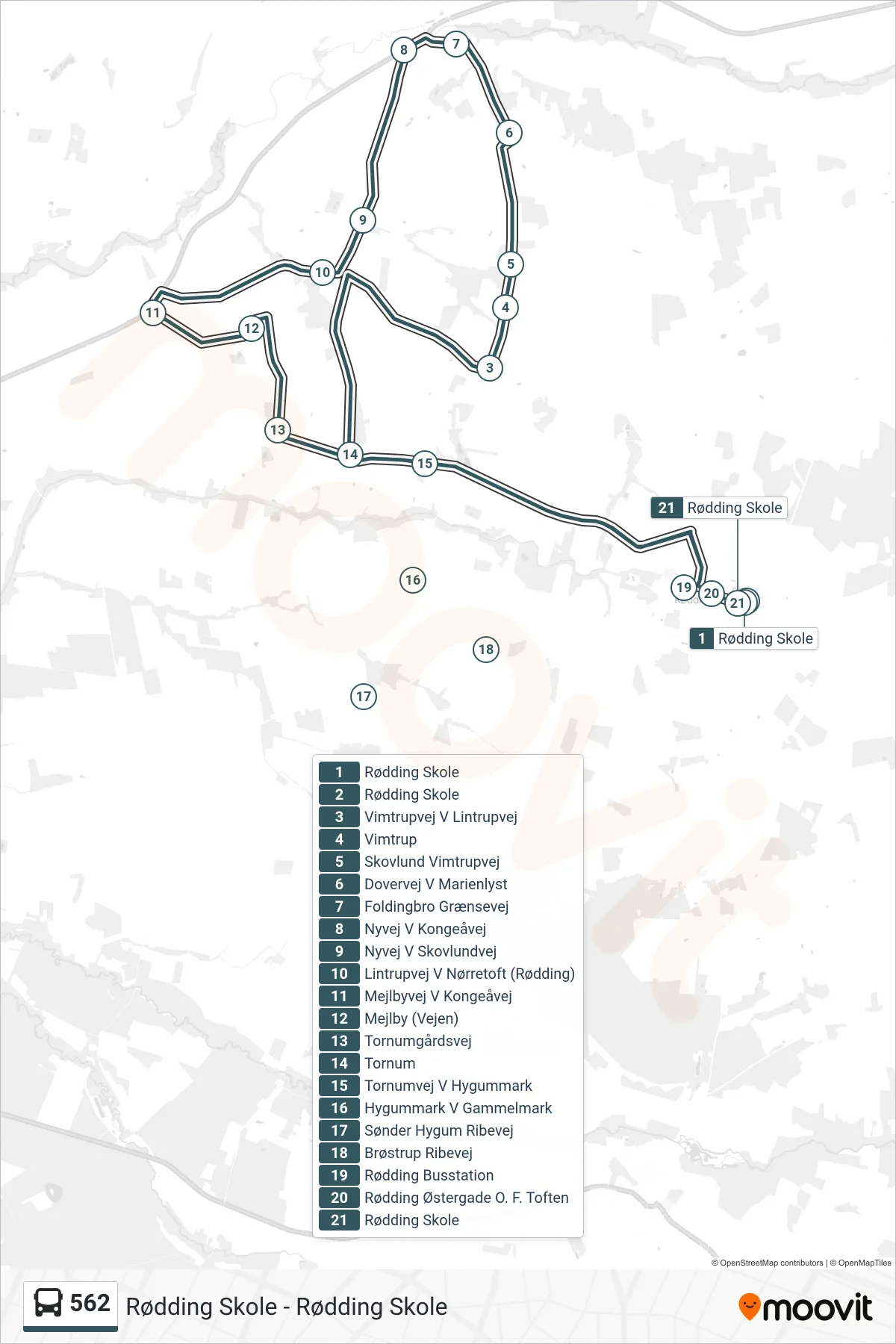 562 bus Linje (Rødding Skole) rute og stop på et kort