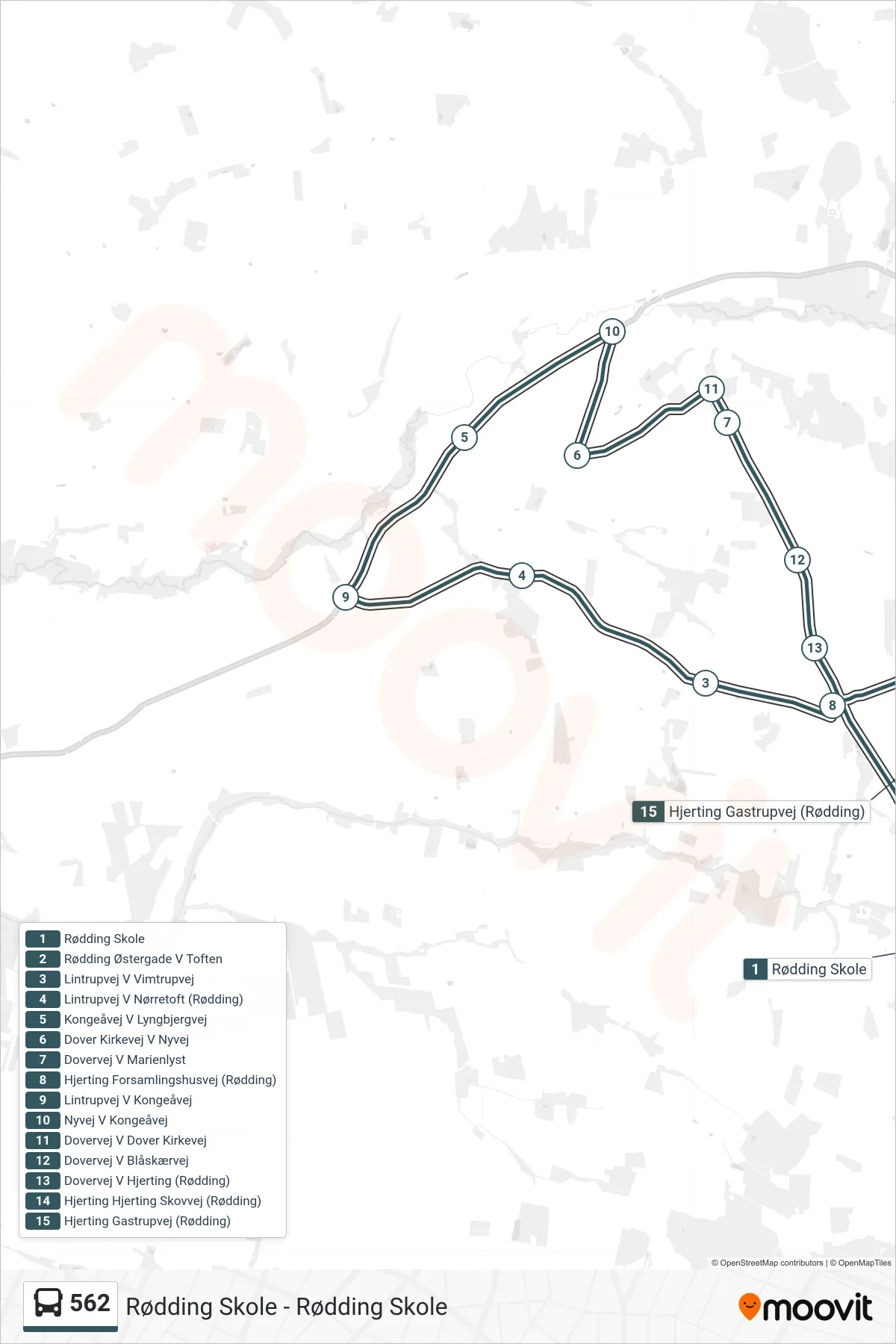 562 bus Linje (Rødding Skole) rute og stop på et kort