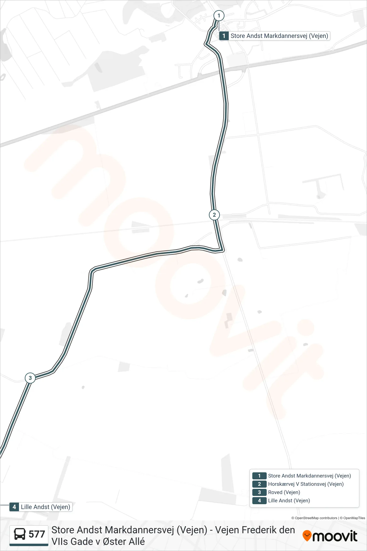 577 bus Linje (Lille Andst) rute og stop på et kort