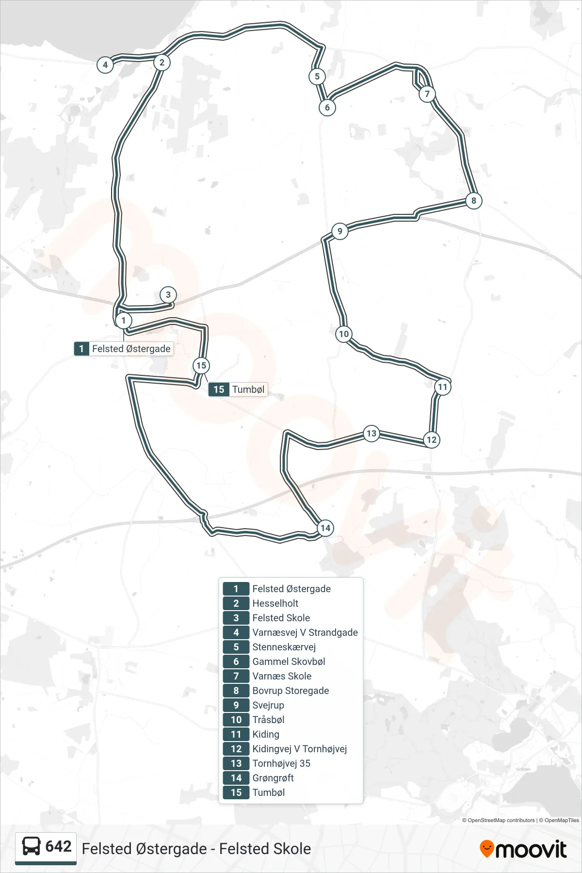 642 bus Linje (Felsted Skole) rute og stop på et kort
