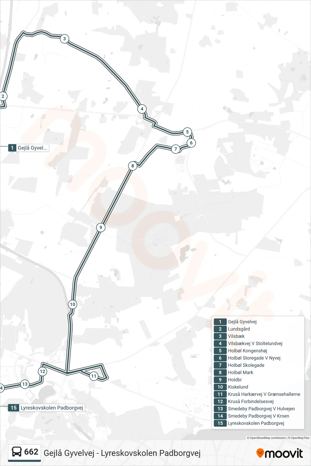 662 bus Line (Lyreskovskolen Padborgvej) route and stops on a map