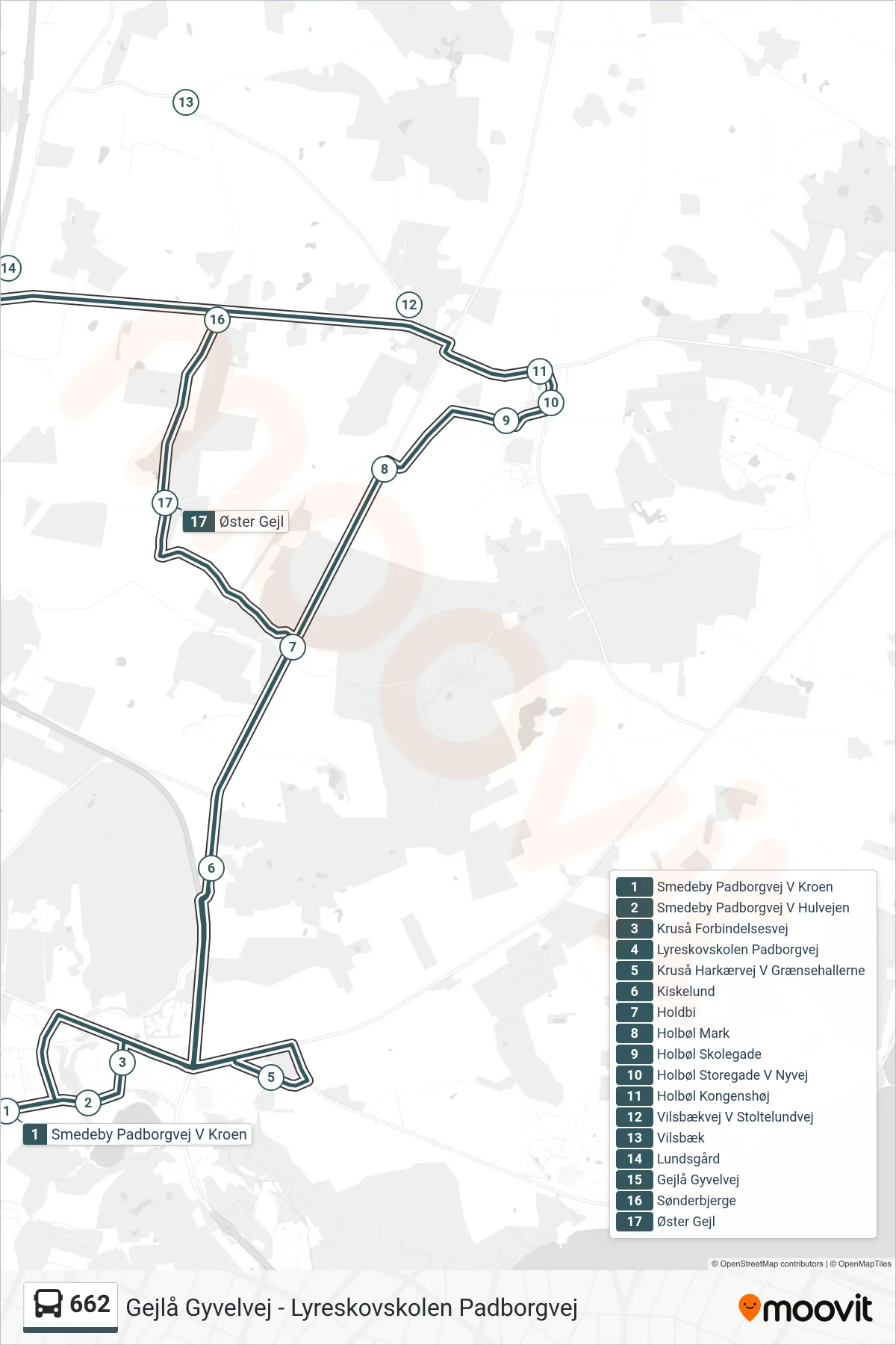 662 bus Linje (Lyreskovskolen Padborgvej) rute og stop på et kort