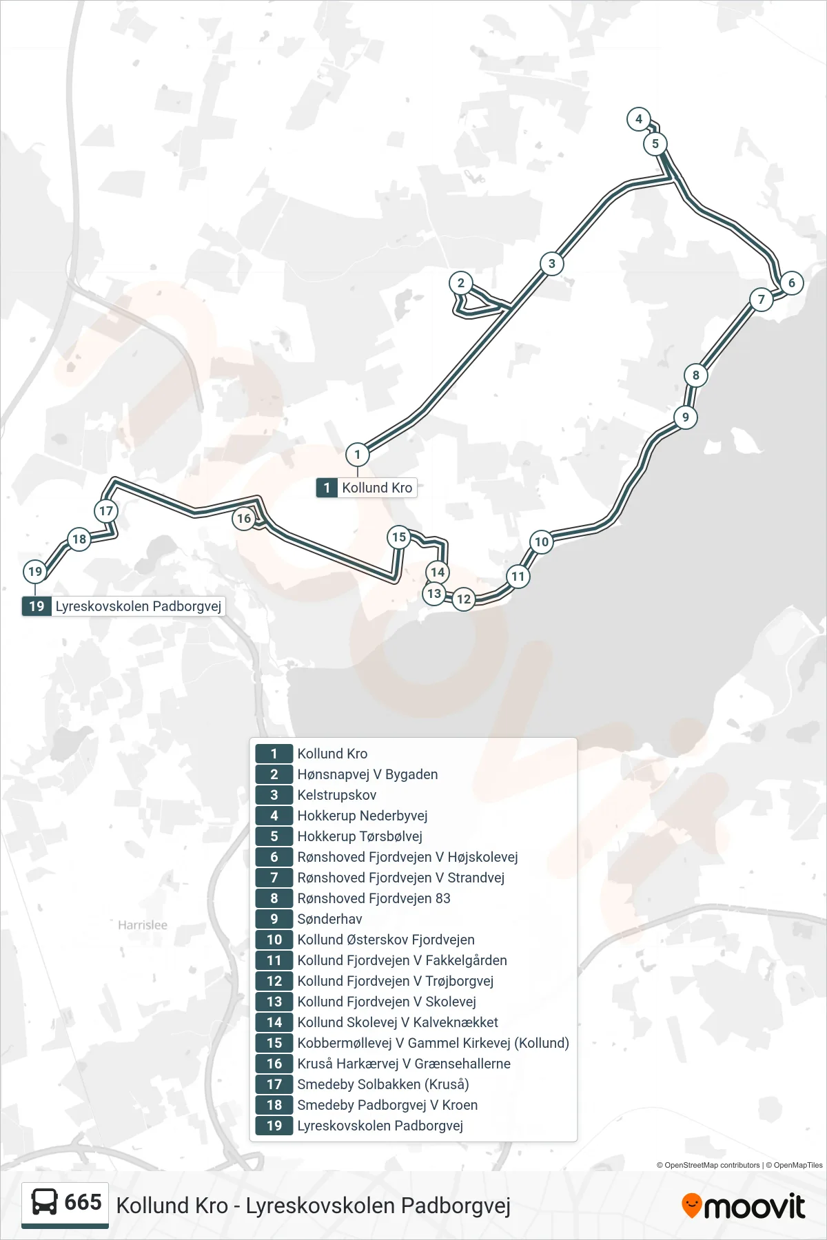 665 bus Linje (Lyreskovskolen Padborgvej) rute og stop på et kort