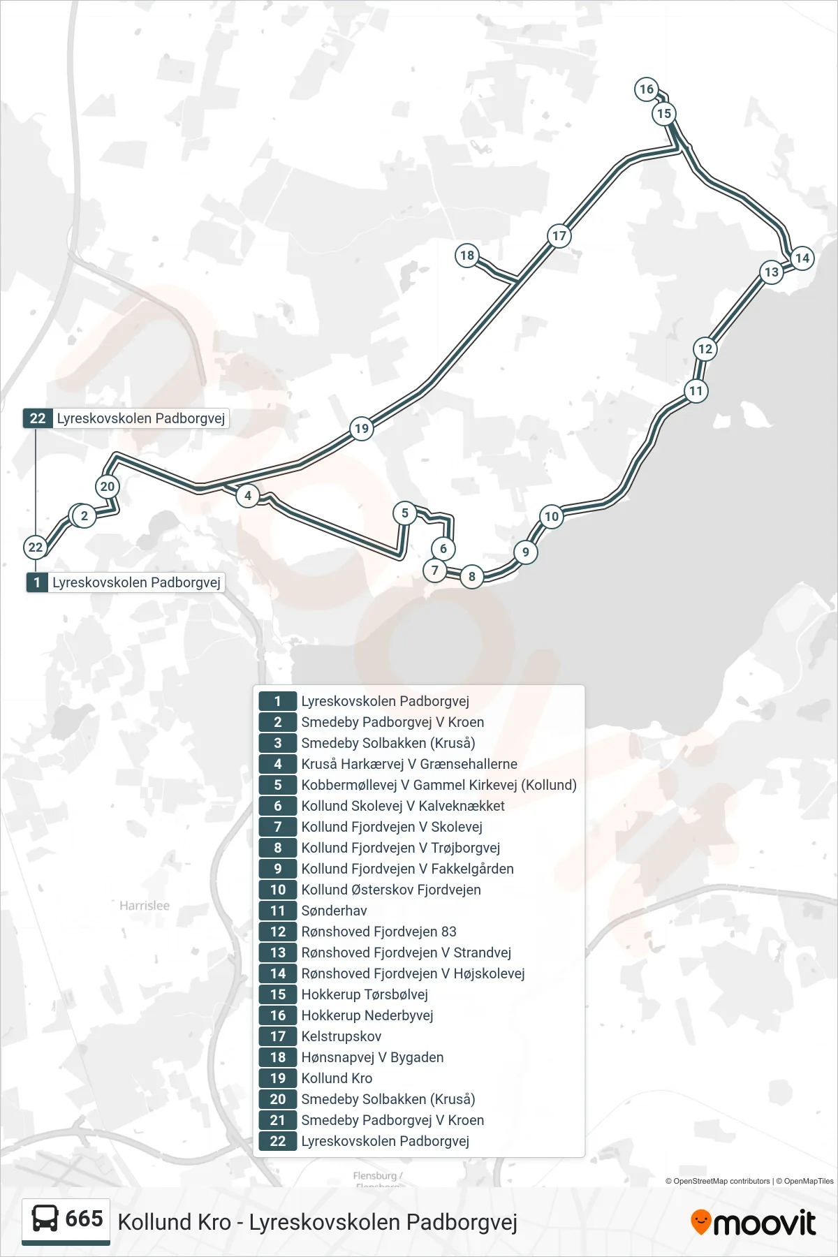 665 bus Linje (Lyreskovskolen Padborgvej) rute og stop på et kort