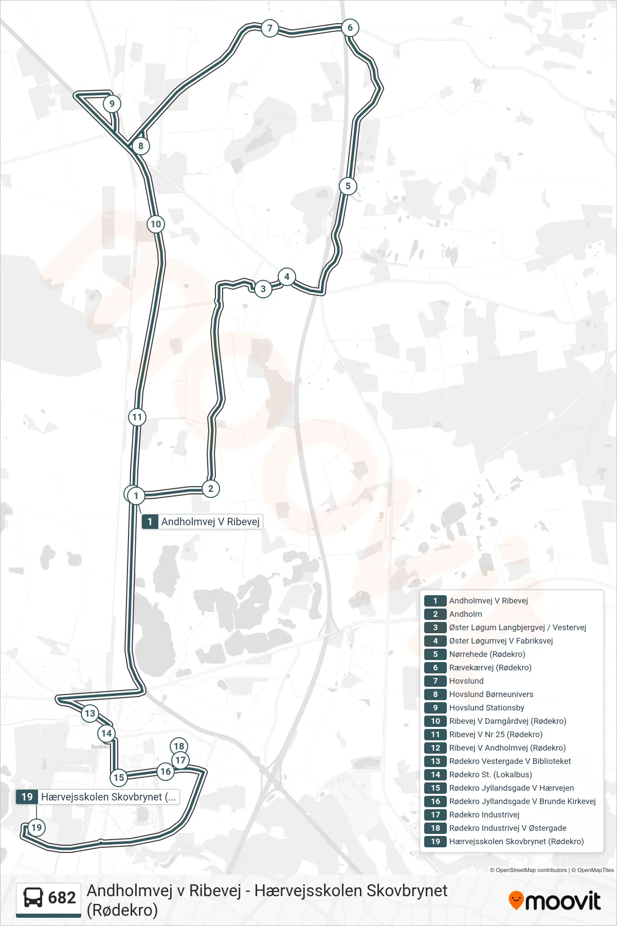 682 bus Linje (Hærvejsskolen Skovbrynet (Rødekro)) rute og stop på et kort