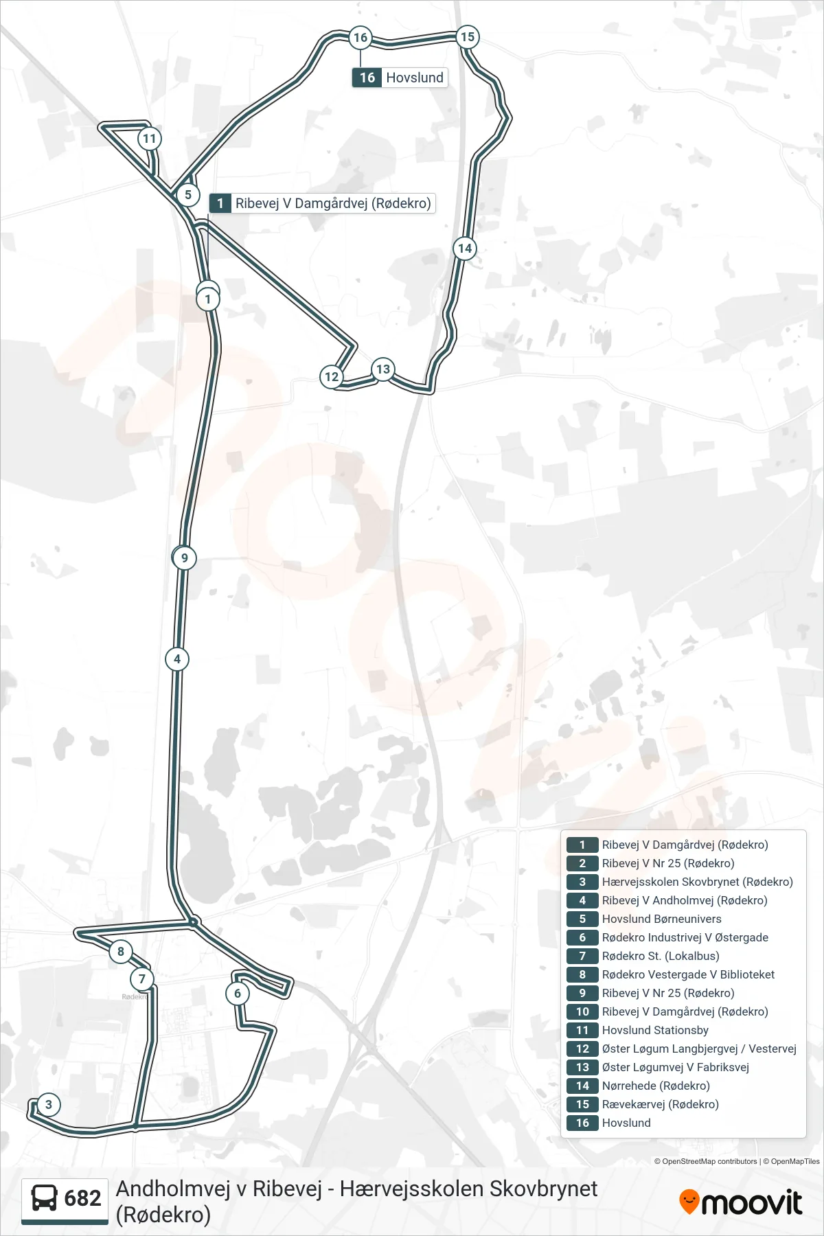 682 bus Linje (Hovslund Børneunivers) rute og stop på et kort