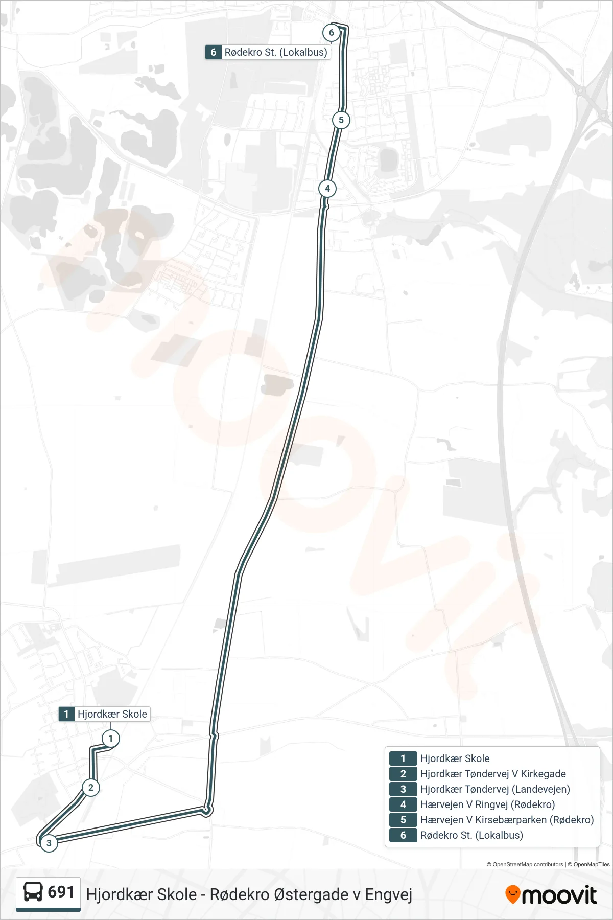691 bus Line (Rødekro St. (Lokalbus)) route and stops on a map