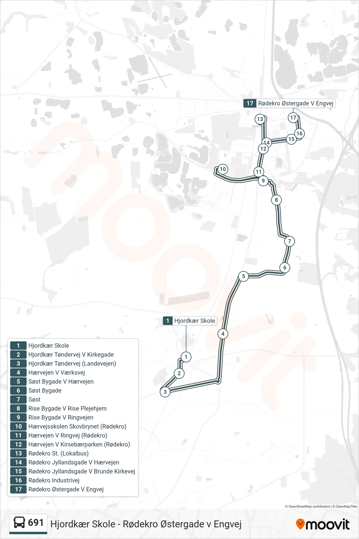 691 bus Linje (Rødekro Østergade V Engvej) rute og stop på et kort