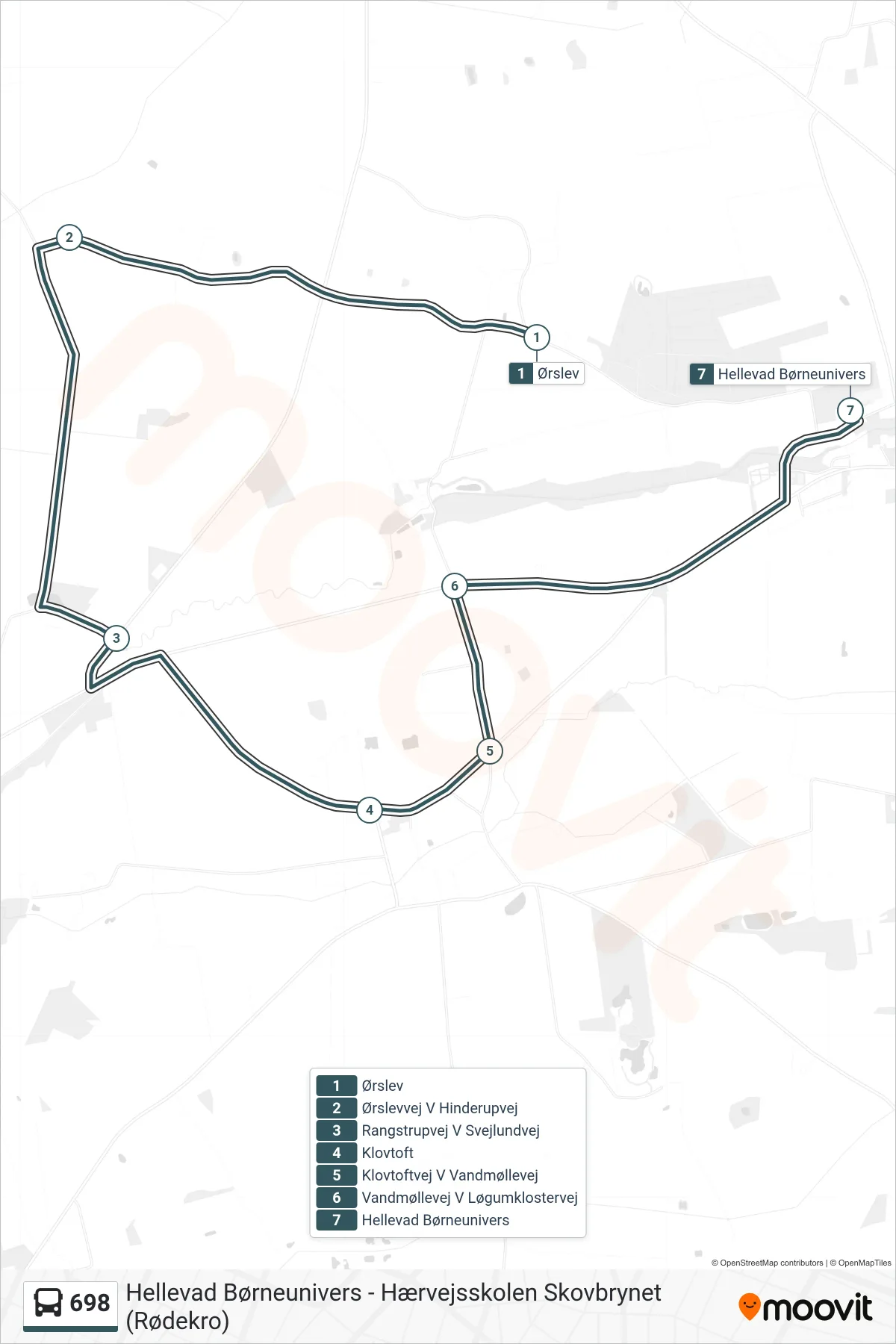 698 bus Line (Hellevad Børneunivers) route and stops on a map