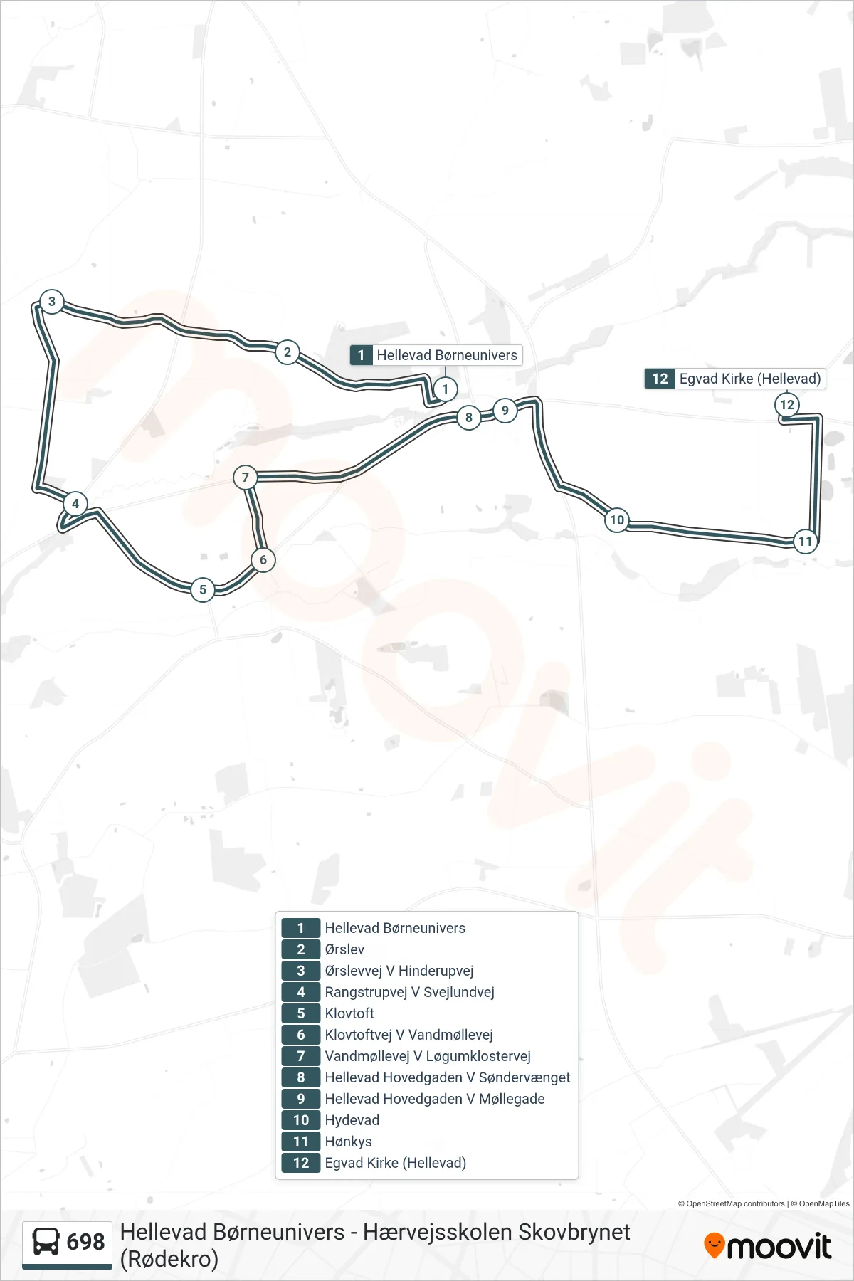 698 bus Linje (Egvad Kirke (Hellevad)) rute og stop på et kort