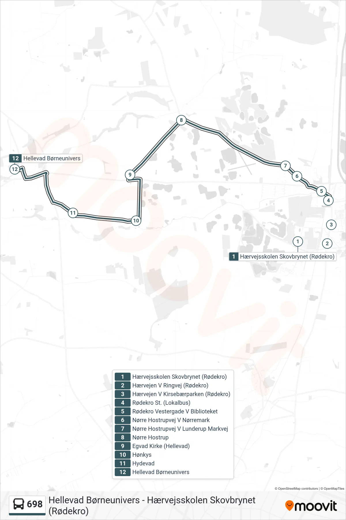 698 bus Linje (Hellevad Børneunivers) rute og stop på et kort