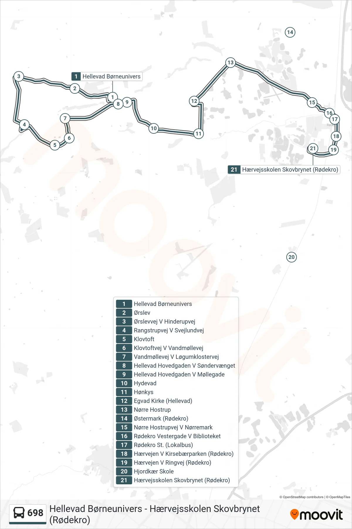 698 bus Linje (Hærvejsskolen Skovbrynet (Rødekro)) rute og stop på et kort