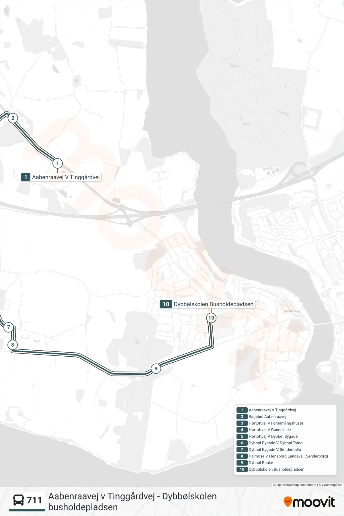 711 bus Linje (Dybbølskolen Busholdepladsen) rute og stop på et kort