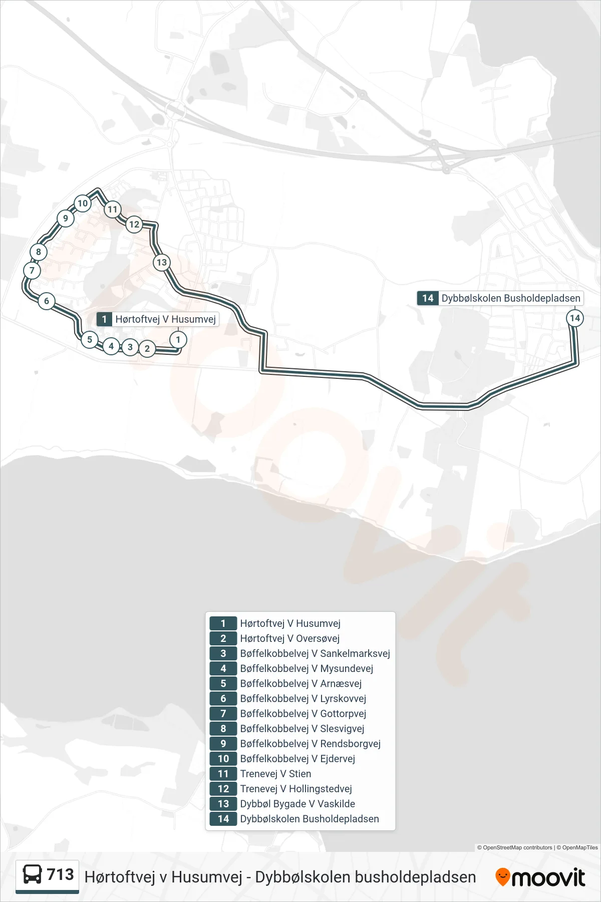 713 bus Linje (Dybbølskolen Busholdepladsen) rute og stop på et kort