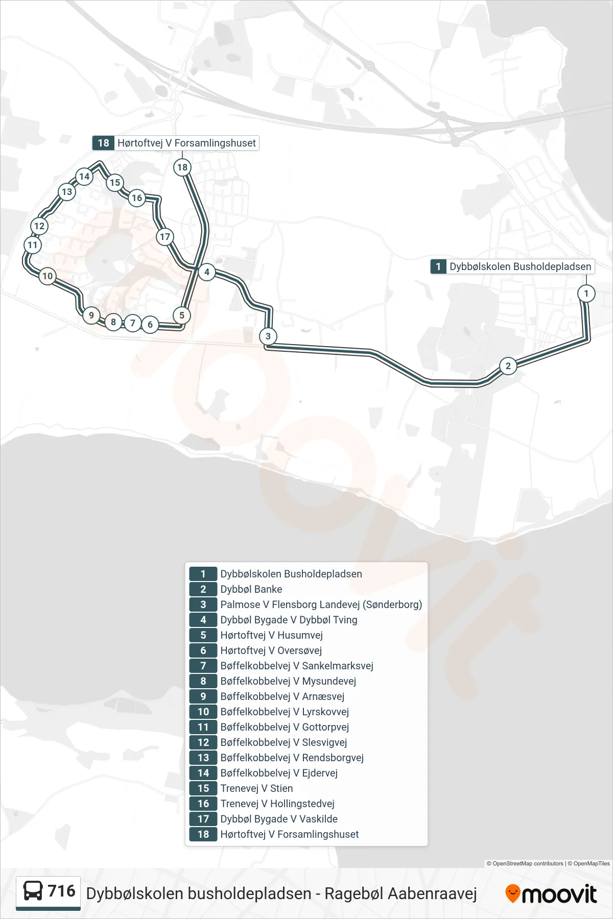 716 bus Linje (Hørtoftvej V Forsamlingshuset) rute og stop på et kort