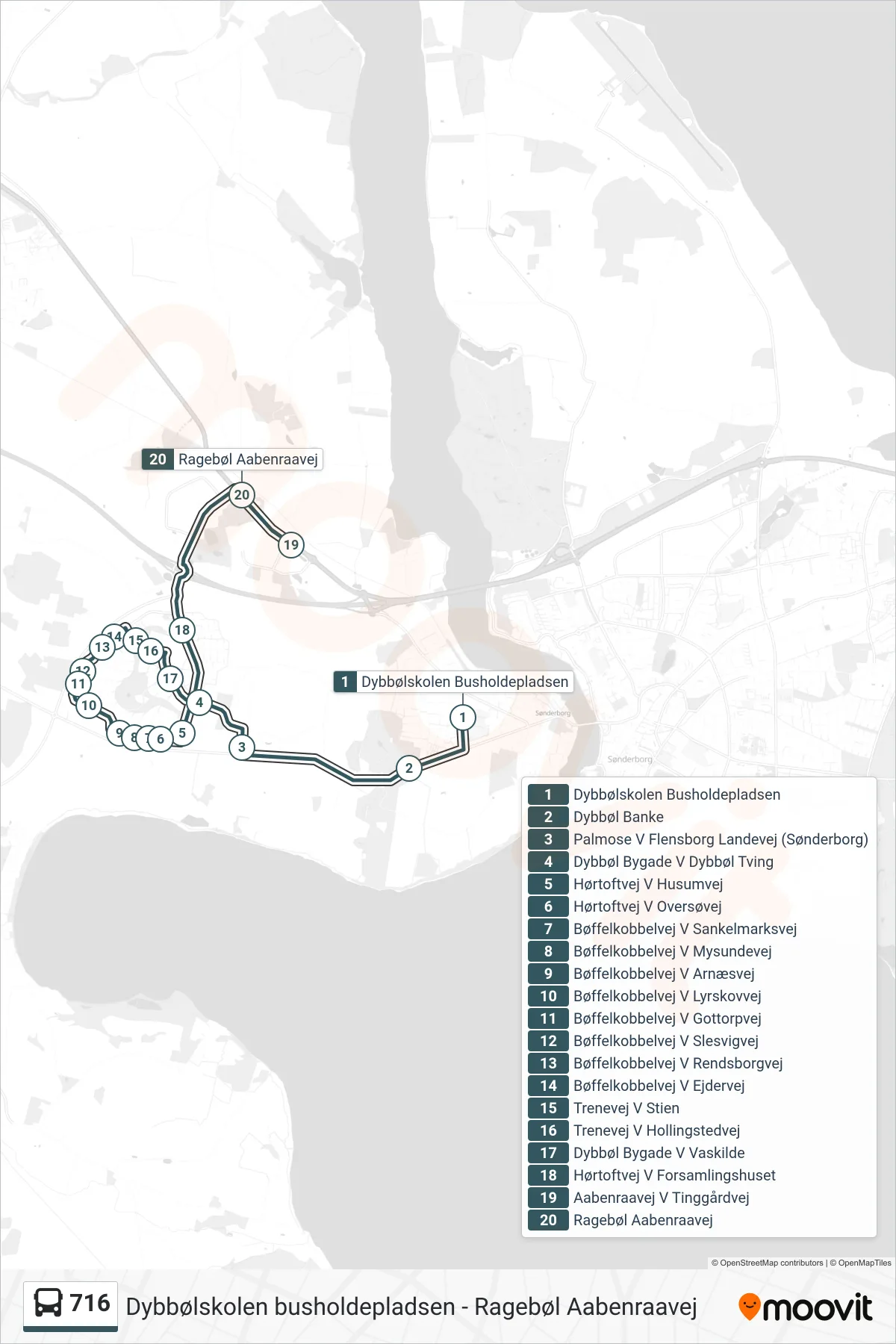 716 bus Linje (Ragebøl Aabenraavej) rute og stop på et kort
