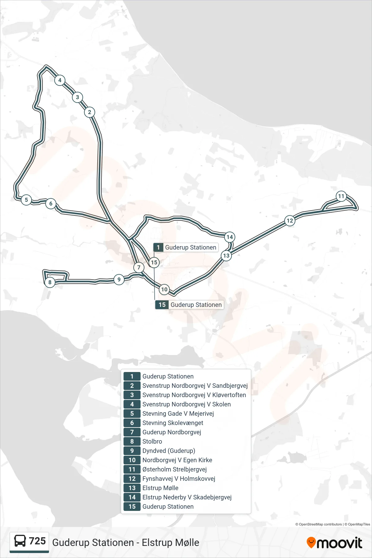 725 bus Linje (Guderup Stationen) rute og stop på et kort
