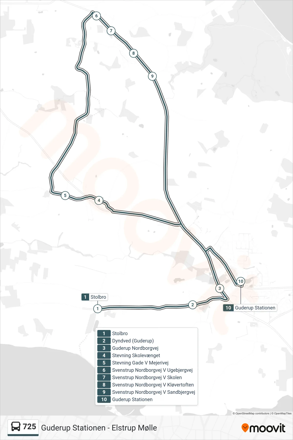 725 bus Linje (Guderup Stationen) rute og stop på et kort