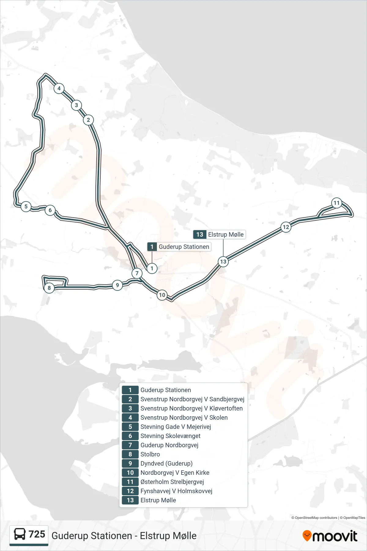 725 bus Linje (Elstrup Mølle) rute og stop på et kort