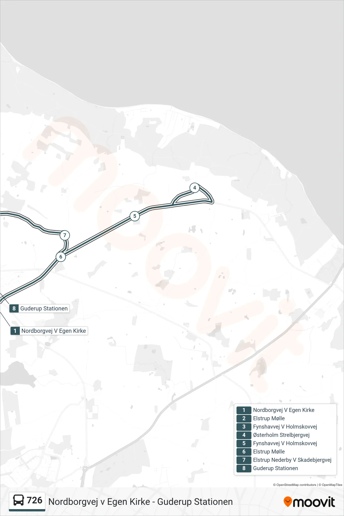 726 bus Linje (Guderup Stationen) rute og stop på et kort