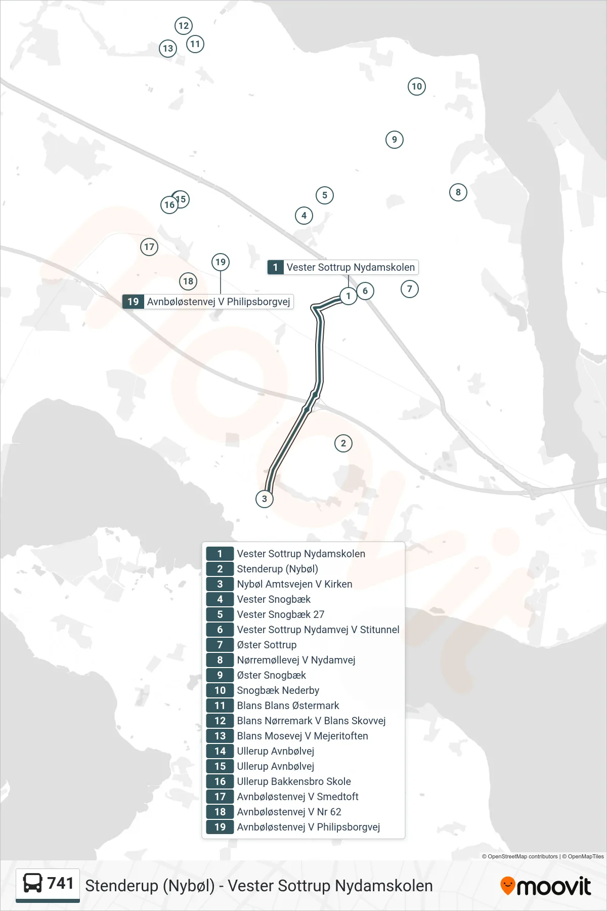 741 bus Linje (Vester Sottrup Nydamskolen) rute og stop på et kort