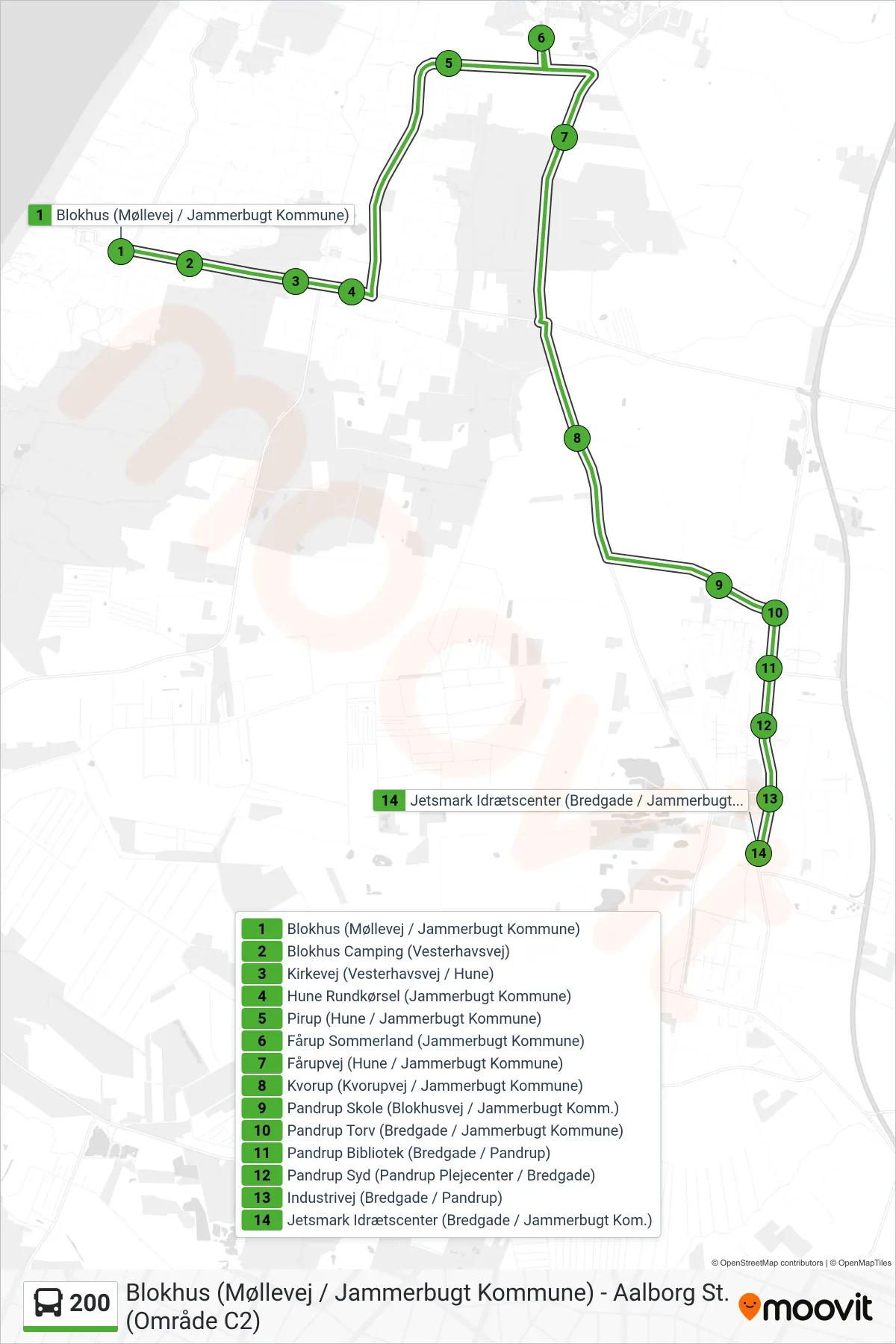 200 bus Linje (Jetsmark Idrætscenter) rute og stop på et kort