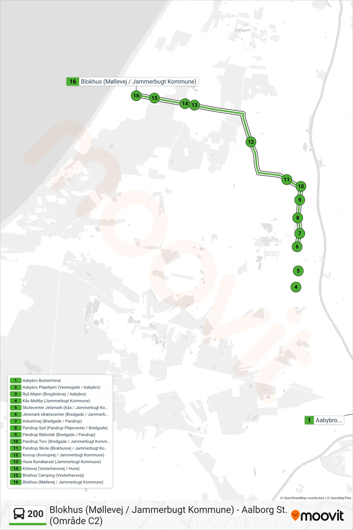 200 bus Linje (Blokhus) rute og stop på et kort
